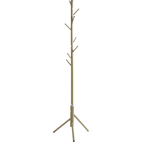 Porte-manteau beige autoportant en forme d'arbre. Il possède trois pieds et une longue tige centrale avec de petites branches.