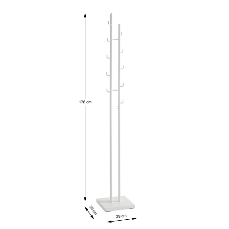 Support blanc avec crochets, 176 cm de haut, base carrée, 29 cm de large. Pour vêtements ou accessoires.
