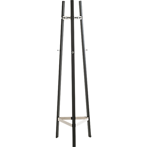 Porte-manteau noir sur fond blanc. Le porte-manteau a un design triangulaire avec une étagère et des cintres pour suspendre les vêtements.