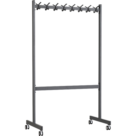 Porte-manteau gris sur roulettes, avec une barre à crochets en haut.