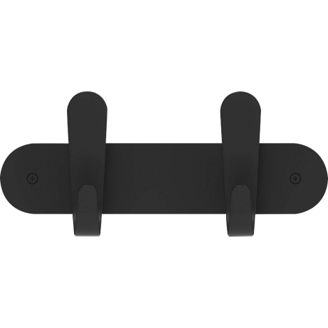 Patère murale noire avec deux crochets, montée sur une plaque ovale.