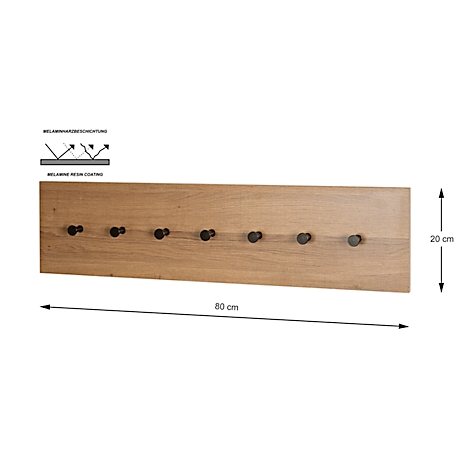 Porte-manteau en bois avec sept boutons noirs. Dimensions : 80 cm x 20 cm.