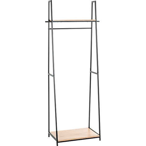 Porte-vêtements avec deux étagères en bois et une tringle à vêtements. La structure métallique est noire.