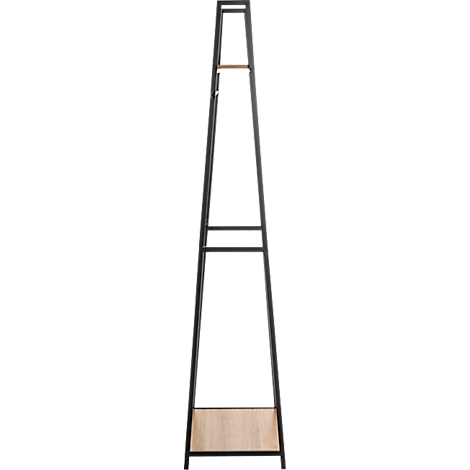 Porte-manteau noir avec étagère et barre en bois.