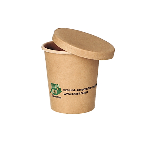 Becher aus braunem Papier mit Deckel; Aufdruck '100% FAIR disposables'.