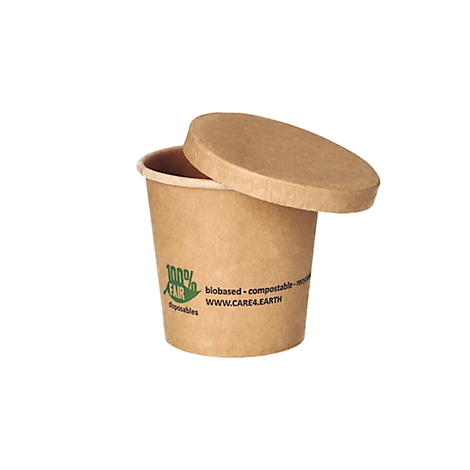 Braune Pappschale mit Deckel, grüne Logos, Schriftzüge. Umweltfreundlich und kompostierbar.