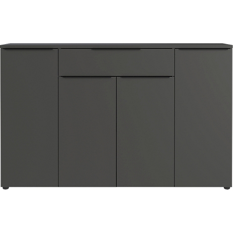Donkergrijze dressoir met vier deuren en een lade, eenvoudig design.