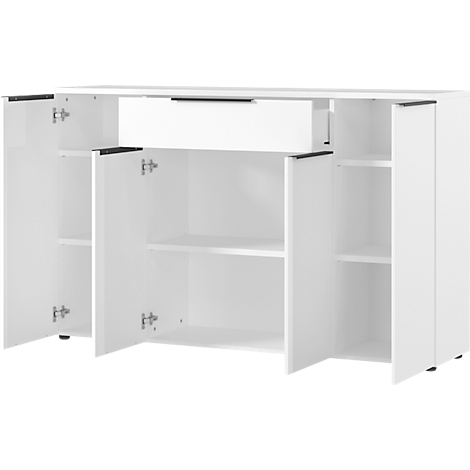 Witte kast met open deuren en lade, die inzicht geven in compartimenten en planken. Zwarte handgrepen en scharnieren accentueren de details.