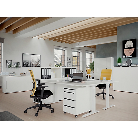 Modern kantoor met bureaus, stoelen, lades en planken. Lichte kamers met grote ramen en decoratieve elementen.