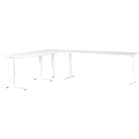 Witte, in hoogte verstelbare hoekbureau, onder een hoek geplaatst.