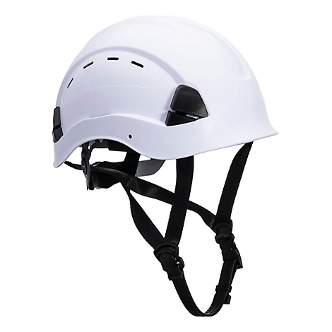 Casque de sécurité blanc avec sangles noires et fentes d'aération. Le casque est un équipement de sécurité.