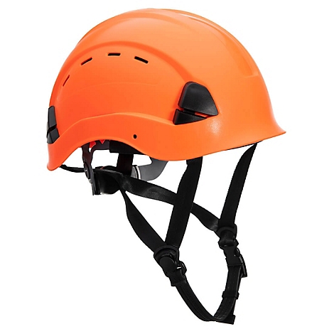 Un casque de sécurité orange, avec des sangles et des fixations noires. Le casque est présenté en détail.