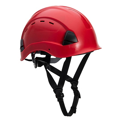 Casque de sécurité rouge avec mentonnière. Il est présenté sur fond blanc.