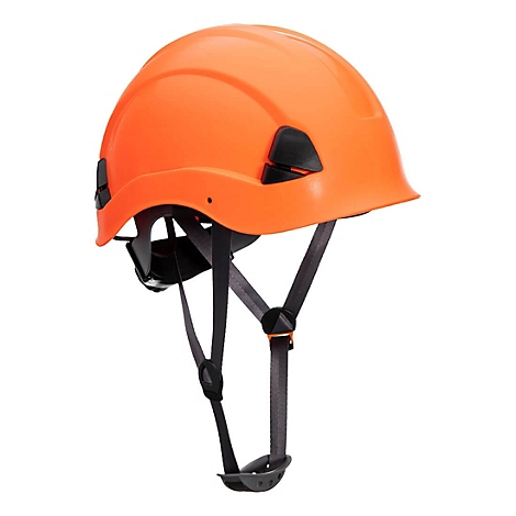 Un casque de sécurité orange avec des jugulaires et des ajusteurs noirs, sur fond blanc.