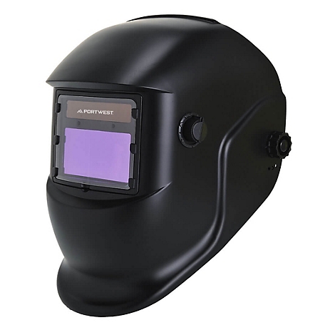 Casque de soudage noir protégeant les yeux. Visière rectangulaire avec l'inscription "PORTWEST".
