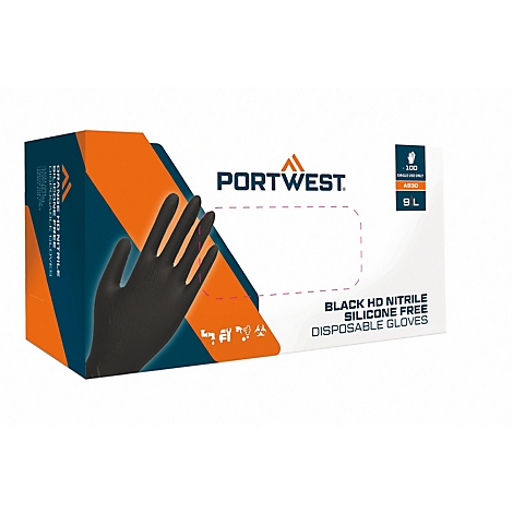 Schwarze Einweghandschuhe mit Hand auf der Verpackung. Aufdruck: Portwest, Black HD Nitril Silicone Free Disposable Gloves.