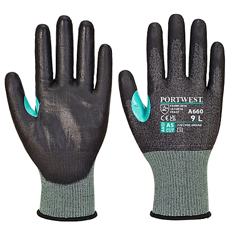 Deux gants de travail noirs avec des touches de vert et des poignets, avec le nom de la marque 'PORTWEST'.