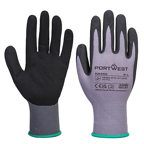 Deux gants de travail : noirs et gris avec des touches de vert. Celui de droite montre des détails de la marque.