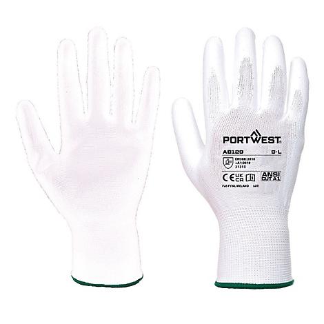 Deux gants blancs côte à côte, avec une bordure verte. Sur un gant, le nom de la marque 'Portwest' est imprimé.