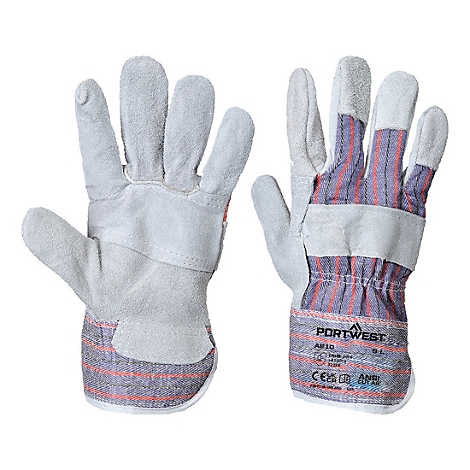 Deux gants de travail gris avec un aspect rayé rouge sur le poignet et le dos de la main. Le nom de la marque "PORTWEST" est visible sur un gant.