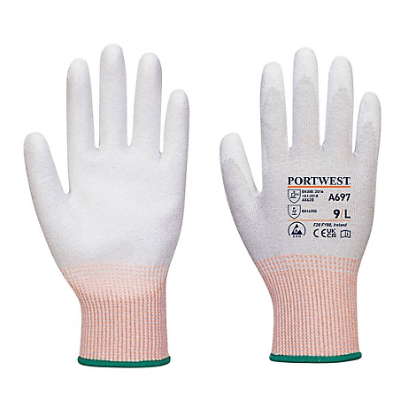 Deux gants de travail blancs avec poignets roses et bords verts sont côte à côte. Le nom de la marque et le numéro de modèle sont imprimés sur un gant.