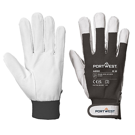 Deux gants de travail blancs avec poignets gris et logo.