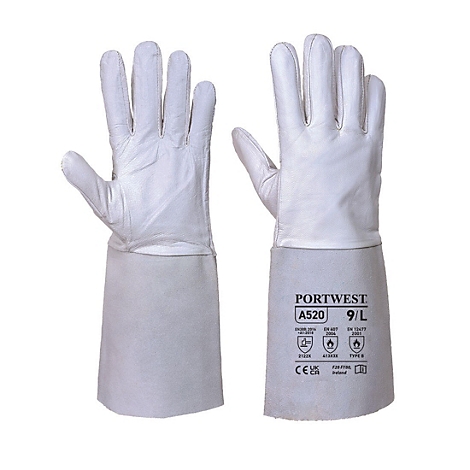 Deux gants de travail blancs avec de longues manchettes. La manchette droite indique "PORTWEST A520 9/L" et des pictogrammes.
