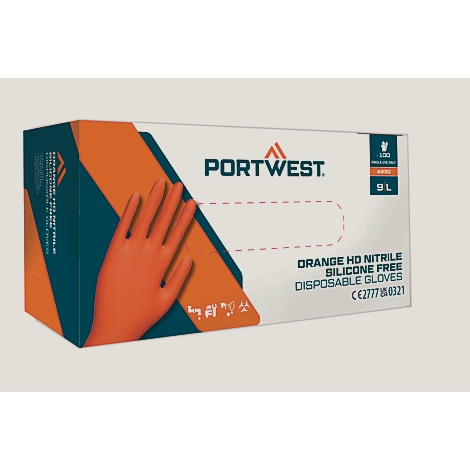 Boîte de gants jetables orange avec le logo "PORTWEST" et des informations sur le produit.