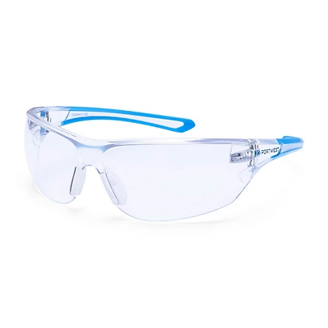 Klare Schutzbrille mit blauen Bügeln. Deutlich erkennbar ist der Schriftzug 'Portwest'.