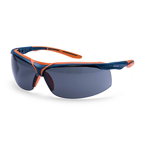 Blaue und orangefarbene Schutzbrille mit getönten Gläsern.