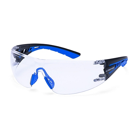Schutzbrille, hauptsächlich transparent mit blauen und schwarzen Akzenten. Logos sind sichtbar.