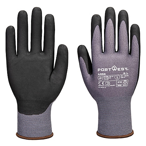 Zwei Arbeitshandschuhe: Schwarz mit grauem Innenbereich, grauer Bund, Portwest-Logo und Produktinformationen.