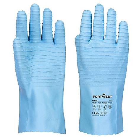 Hellblaue Arbeitshandschuhe mit Rillen auf Handfläche und Fingern. Auf einem Handschuh Aufdruck mit Logos und Infos.