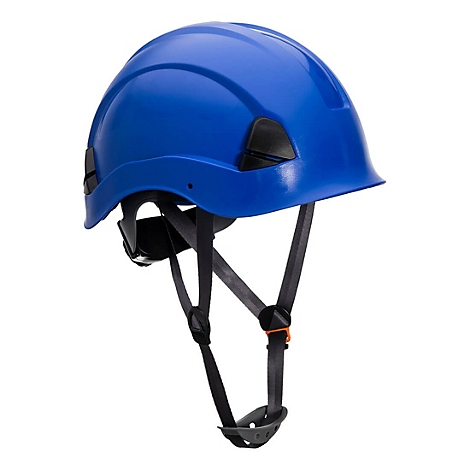 Blauer Schutzhelm mit schwarzem Innenband und Kinnriemen. Vor weissem Hintergrund. Der Helm hat Belüftungsschlitze.