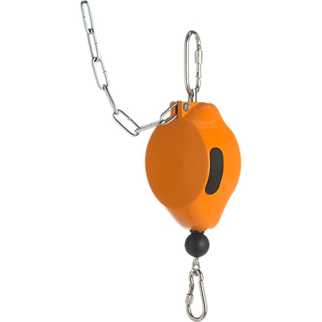 Orange tool with chain and carabiner, black button.