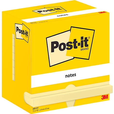 Bloc-notes Post-it jaune avec impression "Post-it" et "notes". En bas, le logo 3M.