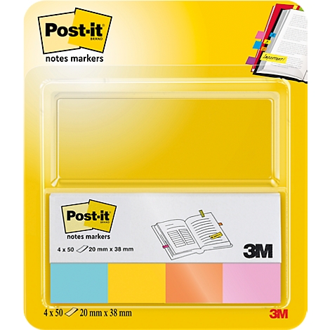 Yellow Post-it note marker package, partially transparent, with colorful sticky notes. Logo and text are visible.