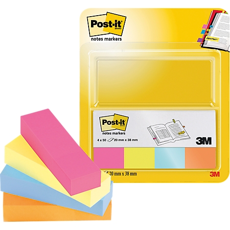 Yellow packaging with Post-it notes in different colors, next to it a stack of Post-it notes.