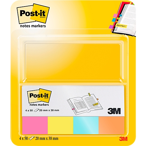 Yellow packaged Post-it notes with colored markers. Prints: Post-it, notes markers, 3M.