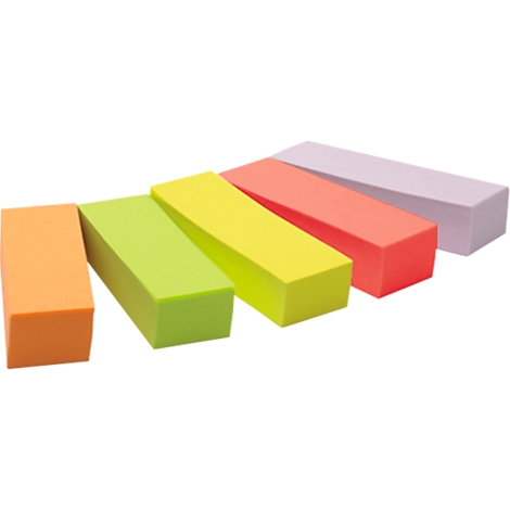 Five colorful erasers in orange, green, yellow, red, and purple, lined up.