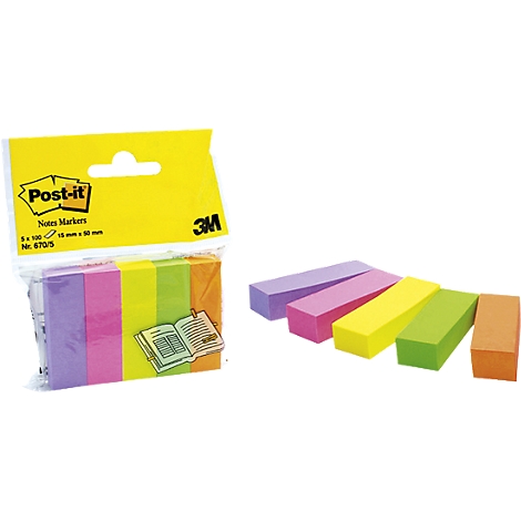 Sticky notes in different colors. Packaged on the left, individual pads on the right.