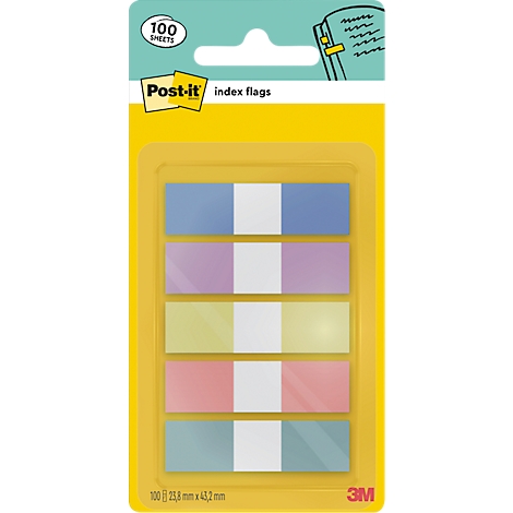 Drapeaux d'index colorés dans un emballage plastique. Bandes bleues, jaunes, roses et vertes, séparées par une bande blanche.