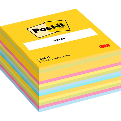Gelber Post-it-Block mit farbigen Zetteln. Aufschrift "Post-it", "notes", "3M" und weitere Informationen.