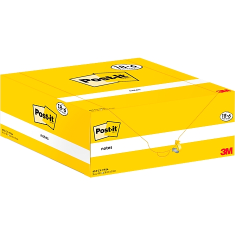 Gelbe Post-it-Notizen Verpackung mit „Post-it“ und „18-6“ Aufdrucken.