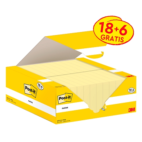 Gelbe Post-it-Notizen in einem Karton. Aufdruck: Post-it, notes, 18-6 und 3M-Logo.