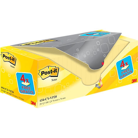 Gelbe Post-it-Notizblockbox mit "Post-it" Logo und Aufschrift "4x GRATIS".