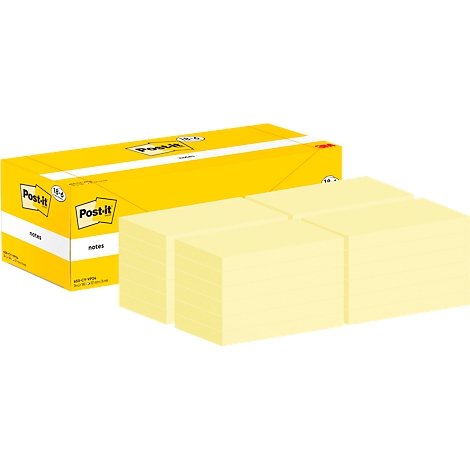 Gelbe Post-it Haftnotizen und eine Verpackung mit Post-it Logo.