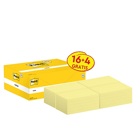 Gelbe Post-it-Notizen, neben einem geöffneten Karton auf weissem Hintergrund.