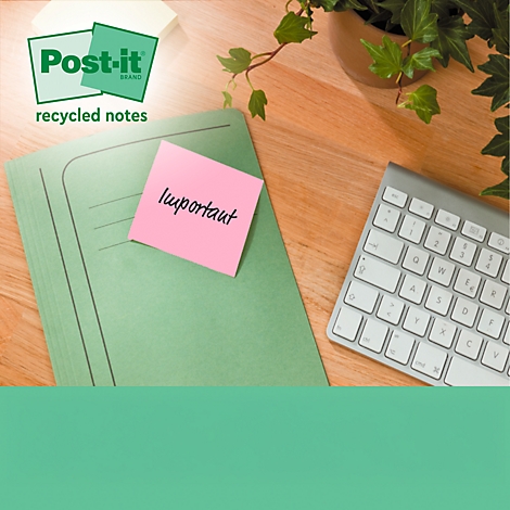 Ein pinkfarbener Post-it-Zettel mit dem Wort "Important" klebt auf einem grünen Ordner. Dahinter eine Tastatur, eine Pflanze und das Post-it-Logo.