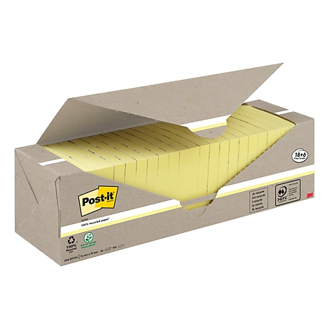 Post-it Haftnotizen in einer Kartonbox. Box und Notizen sind geöffnet zu sehen.